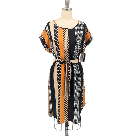 Sason Striped Polka Dot Mixed Print Dress Black Orange S retro Business casual - Picture 1 of 6